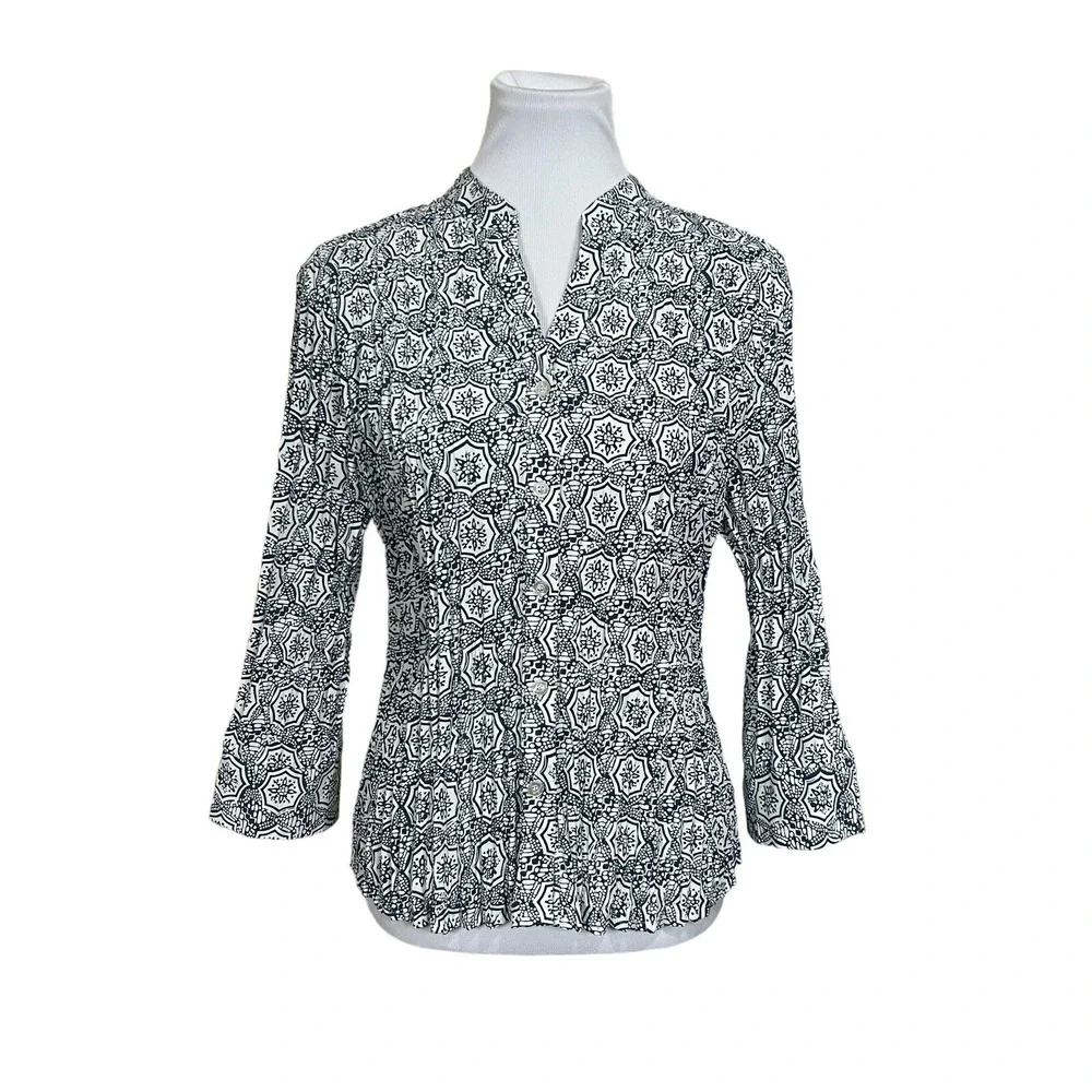 Fred David Womens Gray White‎ High Low Split Cuff Blouse Size L